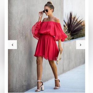 VICI RAPHAEL RUFFLE OFF THE SHOULDER RED CHIFFON DRESS, S